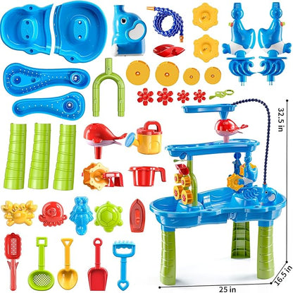 Auto Water Table for Toddlers 3-5, 3-Tier Kids Sand Water Table, Water and Sand Activity Sensory Table Summer Beach Outside Toys Backyard for Kids Toddlers Age 3 4 5 6 7 8