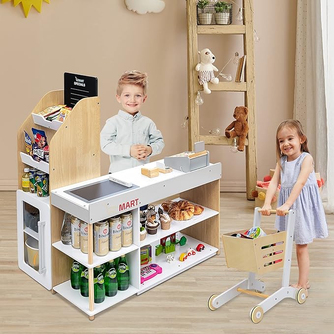 HONEY JOY Kids Grocery Store Playset, Wooden Grocery Store Pretend Play w/Cart, Cash Register Stand w/Coins, Chalkboard, Toddler Supermarket Play Toy for Boys Girls(Play Food Not Included)