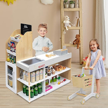 HONEY JOY Kids Grocery Store Playset, Wooden Grocery Store Pretend Play w/Cart, Cash Register Stand w/Coins, Chalkboard, Toddler Supermarket Play Toy for Boys Girls(Play Food Not Included)