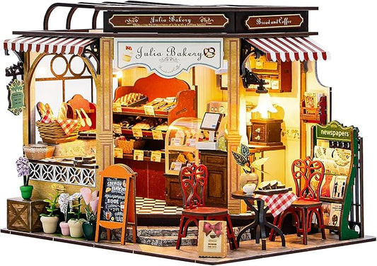 Fsolis DIY Miniature House Kit - 3D Wood Puzzles Craft Kit for Adults Tiny House Building Kit Mini Home Diorama Kit with Furniture Gifts for Women Teenagers (Julia Bakery)