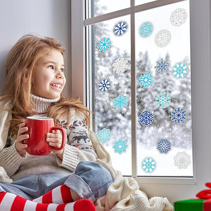 Tevxj 20 PCS Winter Thick Gel Clings Snowflake Window Decorations Christmas Snowflake Window Clings Decals Winter Window Decor for Kids Toddlers Home Airplane Christmas Party Home Classroom Nursery
