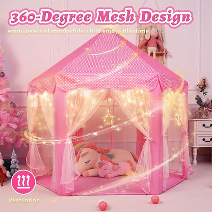 Monobeach Princess Castle Play Tent for Girls - Large 55'' x 53'' Playhouse with Star Lights for Indoor and Outdoor Play