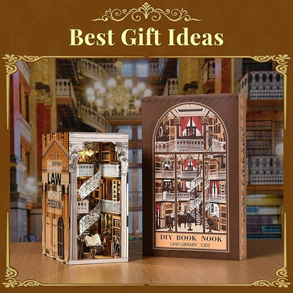 Book Nook Kit Library, DIY Miniature House Kit, 3D Wooden Puzzle Dollhouse Kit for Adults and Teens, Bookshelf Booknook with LED Light (Law Library)