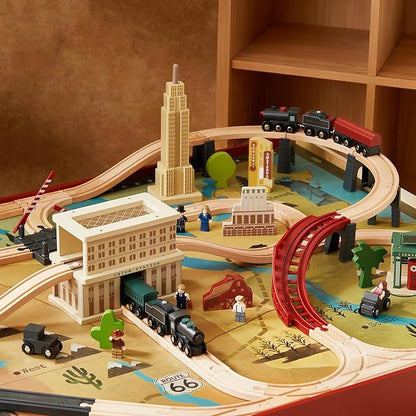 Tiny Land Large Wooden Train Table (47.9”x35.2”), 100PCS Train Set, 3 Storage Bins, Activity Playset for Kids Ages 3+