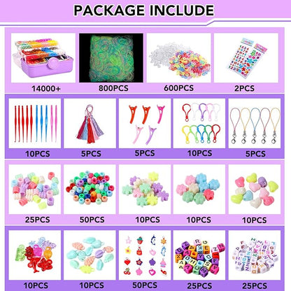 18500+ Bracelet Making Kit Rubber Band, 26 Colors Rubberband Bracelet Kit with 3 Layer Container Includes Glow-in-The-Dark Rubber Bands, Bracelet Making Refill Kit Birthday Gift for Kids(Purple)