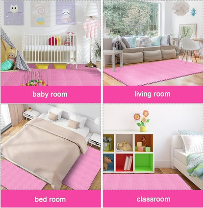 Shihanee 16 Pcs Foam Floor Baby Tiles 11.81 x 11.81 inches Foam Floor Mats Play Mats Bulk with Borders Interlocking for Kids Baby Playroom Nursery Gym（Light Pink）