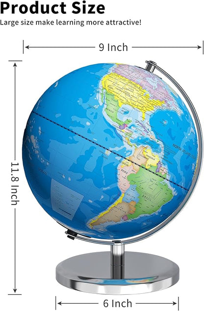 9" Illuminated World Globe with Stand, Educational Globes for Kids Learning, Colorful HD World Map Details, LED Globe Lamp for Living Rooms Decor