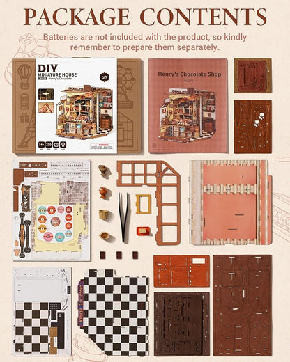 ROBOTIME DIY Miniature House Kit, Tiny House Building Kits，Mini Wooden Furniture Kit for Adults, Dollhouse for Birthday Christmas Craft Hobbies Gift（Henry's Chocolate）