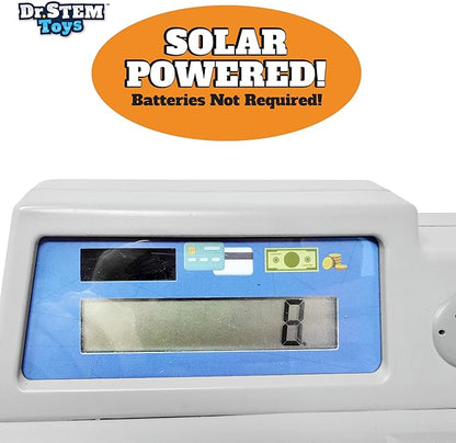 Dr. STEM Toys Solar Powered Calculator Pretend Cash Register with Play Money – 67-Piece Set for Learning Math Skills, STEM Cash Register for Kids (Gray)