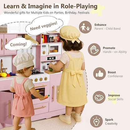 Kinder King Wooden Kids Play Kitchen, Toy Kitchen Playset for Toddler, Play Kitchen Set w/Real Sounds, Pretend Coffee Machine, Kitchen Hood, Sink, Ice Maker, Gift for Boys Girls Age 3+, Pink