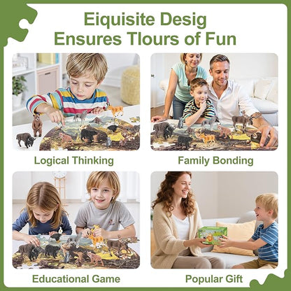 12PCS Large North American Animal Figurines & 67PCS Large Woodland Jigsaw Puzzles Toys for Preschool Kids Toddlers, Ideal Realistic Safari Animals Toys Gift for Toddlers Kids