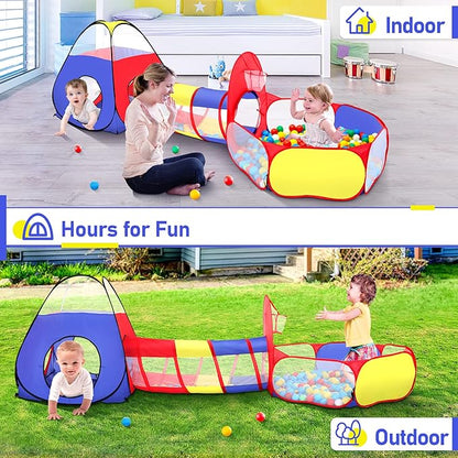 PigPigPen 3 in 1 Kids Play Tent with Play Tunnel, Ball Pit, Basketball Hoop for Boys & Girls, Toddler Pop Up Playhouse Toy for Baby Indoor/Outdoor, Gift for Year Old Child (Colorful 3pc Play Tent)