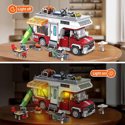 Camper Van Building Set, Compatible with Rvs Camper Vehicles, Summer Beach Holiday Camping Car Building Toy with Light, Gift for Adults and Boys Girls Kids Teens 8-12 (924 PCS)