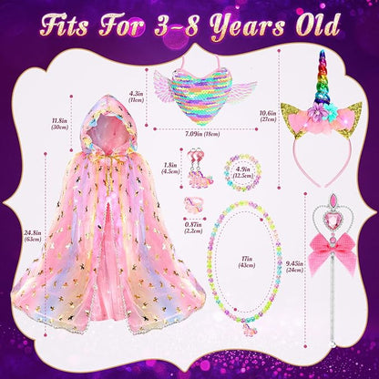Fedio Princess Dress up for Girls,Unicorn Light up Princess Cape Set,Light up Princess Dress with Unicorn Toys for Girls 3-8 Halloween