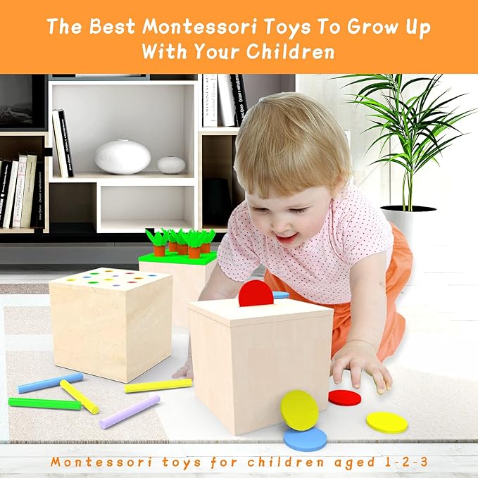 Adena Montessori 3 for 1 Wooden Montessori Play Kit Baby Toys,includes Matchstick Color Drop Game,Carrot Harvest Game and Coin Box,Learning Toy for Kid 1,2,3 Year Old,Girl Boy Gift for Baby 6-12 Month