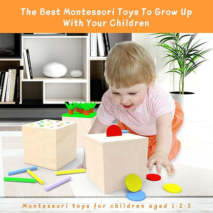 Adena Montessori 3 for 1 Wooden Montessori Play Kit Baby Toys,includes Matchstick Color Drop Game,Carrot Harvest Game and Coin Box,Learning Toy for Kid 1,2,3 Year Old,Girl Boy Gift for Baby 6-12 Month