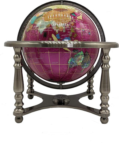 Limited Edition! Unique Art Since 1996 Pink Pearl Swirl Table Top Gemstone World Globe with Silver Zinc Alloy Stand (220MM/9 INCHES 4 LEG/PINK PEARL)