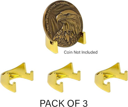 LOGOS COINS Challenge Coin Display Stand (3 Pack) - Sturdy Military Holder With Shining Gold Finish, No Tip and No Assembly Required Token Medallion Holder, 5mm Half Easel Stand