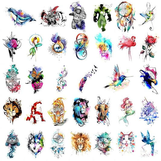 32 Sets of Temporary Tattoo Stickers Watercolor Design DIY Animals Small Temporary Tattoos for Adults and Children