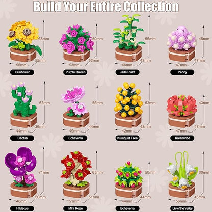 Flowers Bouquet Building Set, 1001 PCS Botanical Collection with Roses, Sunflowers etc. 12 Pack Mini Bonsai Block Toy, Gift for Kids 6+ & Adults for Christmas, Mother's Day, Valentine's Day