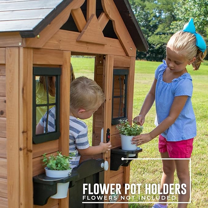 Backyard Discovery Sweetwater Cedar Wooden Kids Playhouse Cottage with Play Kitchen, Snack Bar, Half Door, Toy Phone, Windows, Flowerpot Holders, and Working Doorbell for Outdoor Imaginative Play