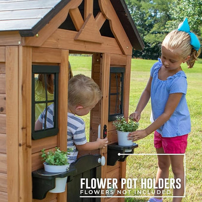 Backyard Discovery Sweetwater Cedar Wooden Kids Playhouse Cottage with Play Kitchen, Snack Bar, Half Door, Toy Phone, Windows, Flowerpot Holders, and Working Doorbell for Outdoor Imaginative Play