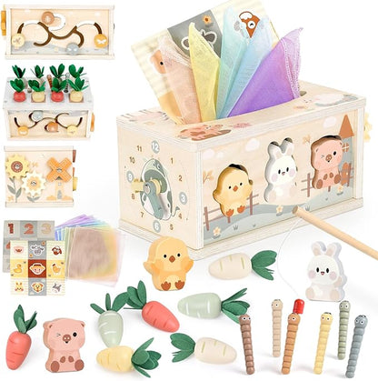 Joyreal 8-in-1 Montessori Tissue Box Toy for Baby 12 Months - Neutral Color Wooden Activity Cube for Boys and Girls First Birthday Gifts - Sensory Toy for Toddlers 1-3 Preschool Learning Education