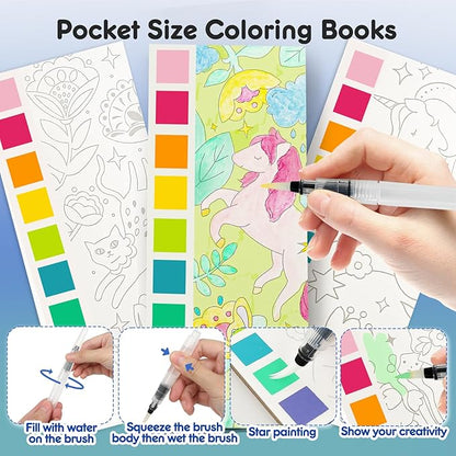 Watercolor Painting Coloring Books Pocket Watercolor Paint Bookmarks, Mess Free Paint with Water Set, Travel Activities Art Party Favors Exchange Birthday Gifts for Kids (3in1)