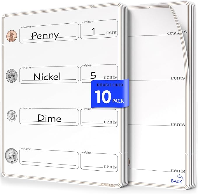 SCRIBBLEDO Coin Practice 9”x12” Small White Board Dry Erase Sheets Math Manipulatives 2nd Grade Money Learning Homeschool Supplies Teacher Students Classroom Pack of 10 Sheets