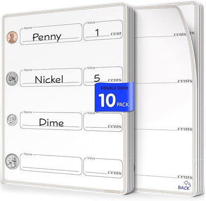 SCRIBBLEDO Coin Practice 9”x12” Small White Board Dry Erase Sheets Math Manipulatives 2nd Grade Money Learning Homeschool Supplies Teacher Students Classroom Pack of 10 Sheets
