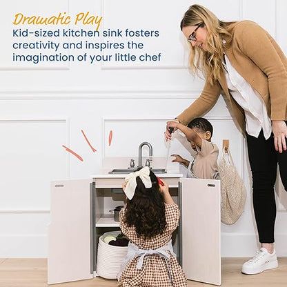 ECR4Kids Play Kitchen Sink, Wooden Playset, White Wash