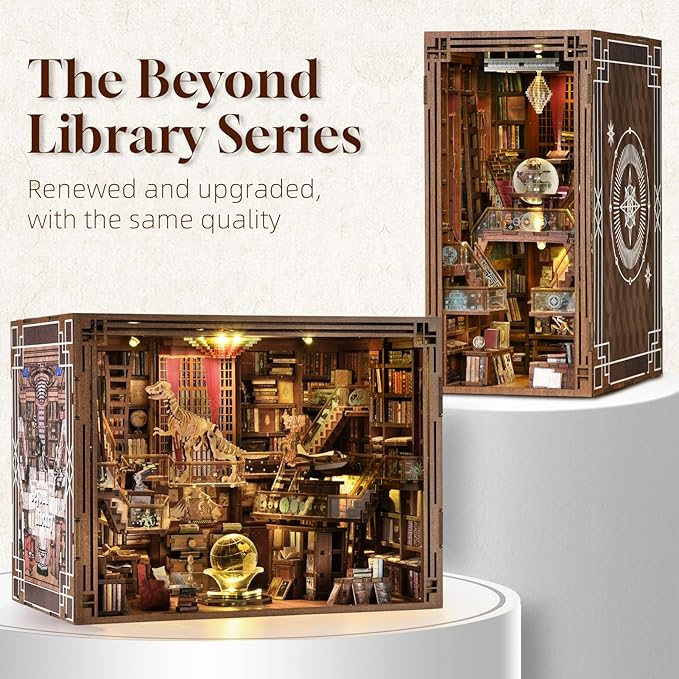 DIY Book Nook Kit, Miniature Dollhouse Booknook Kit, 3D Wooden Puzzle Bookend Bookshelf Insert Decor with LED Light for Teens and Adults (Beyond Library Max)