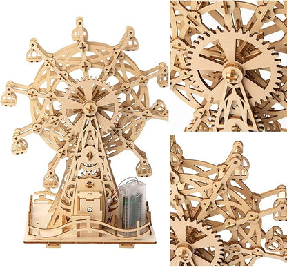 Solar 3D Wooden Puzzle Ferris Wheel DIY Model Kit Craft Sets Wood Mechanical Building Toys for Adult Men Age 14+ Years Old.