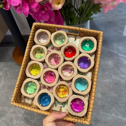 20PCS Wooden Gem Blocks Stacking Toys,Colorful Acrylic Windows Blocks, Rainbow Crystal Acrylic Building Cubes Educational Sensory Training Crystal Toys (20PCS Round Gem Blocks)