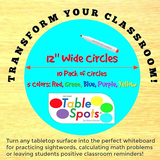 New Larger Size! | The Original Table Spots for Teachers | No Staining, No Shadowing, Complete Erase! Dry Erase, 10 Pack Multicolor Circles, Wall Stickers, Decals