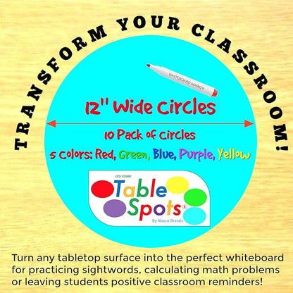 New Larger Size! | The Original Table Spots for Teachers | No Staining, No Shadowing, Complete Erase! Dry Erase, 10 Pack Multicolor Circles, Wall Stickers, Decals