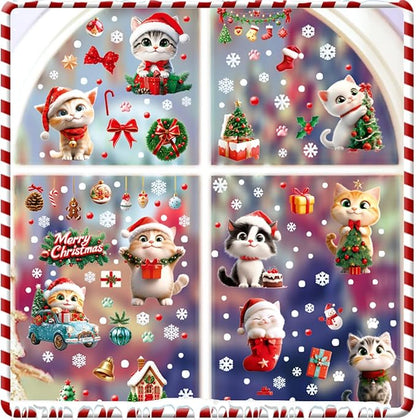 9 Sheets Christmas Cats Window Clings Reusable Kitty Animal Xmas Tree Window Decals Double Side Printed Window Stickers Glass Door Home Party Supplies Showcase Decoration