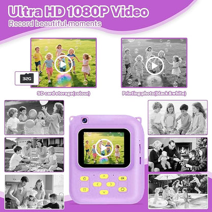 Instant Print Camera for Kids, 1080P Video Camera with 3 Print Rolls, 32GB Card & Cute Cover, Gift for Girls Boys Age 3-12, Toddler Digital Camera with Games, Filters, Music – Purple