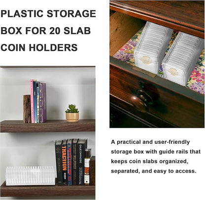 Plastic Coin Slab Storage Box – 20-Slot Coin Holder Organizer Case Fits for PCGS NGC PMG PCCB Slabs, Secure Coin Collection Box for Collectors, Home, Office, Bank Use (Box Only, Clear)