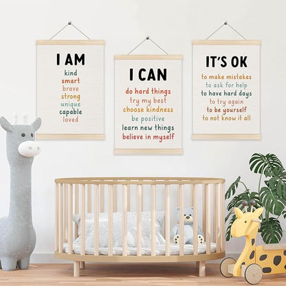 Inspirational Classroom Wall Art Poster Hanger Frame 12x16 Inch Set of 3, Positive Affirmations for Kids, Motivational Canvas Pictures Prints Framed Wall Decor for Classroom Kids Room Playroom