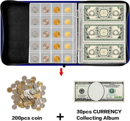 Coin Collection Book Holder for Collectors, 200 Pockets Coins Collecting Album & 30 Sleeves Paper Money Display Storage Case for Currency Collection Supplies (200+30 paper money binder)-Blue