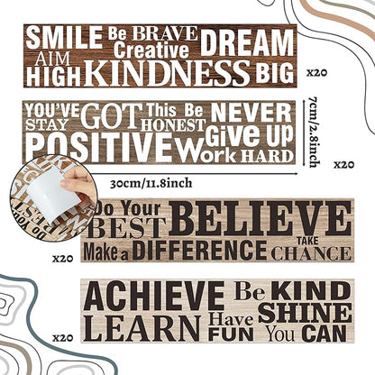 BeYumi Positive Sayings Border Trim - 80Pcs Back to School Wood Grain Farmhouse Positive Sayings Straight Bulletin Board Borders Grainy Motivational Inspirational Quota School Offices Chalkboard Decor