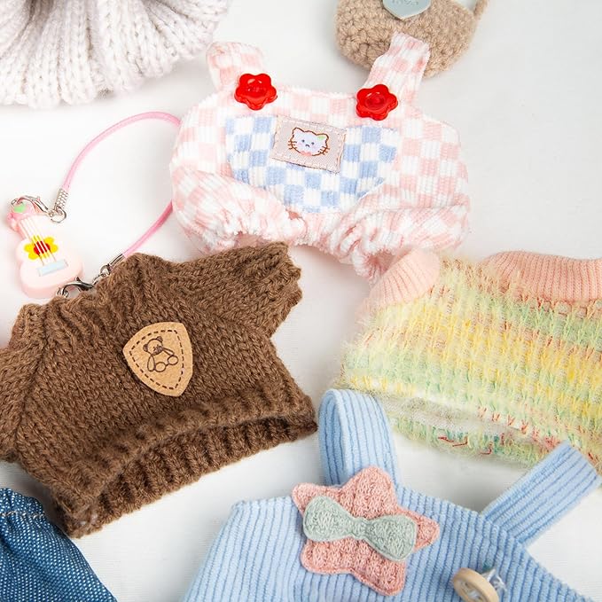 17cm Doll Clothes for Labubu - Kawaii Chic Style Set for 17cm Dolls, Cute Doll Outfit with Accessories - Pink and White Check Romper + Heart Shaped Pink Hat (Clothes Only)