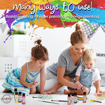 Washable Tempera Paints Set of 18 for children, Kids Non-Toxic Acrylic Paint, Kid Friendly, Kid Safe Paint Set, Includes Variety of Brushes, Color, Craft, Create and Party.