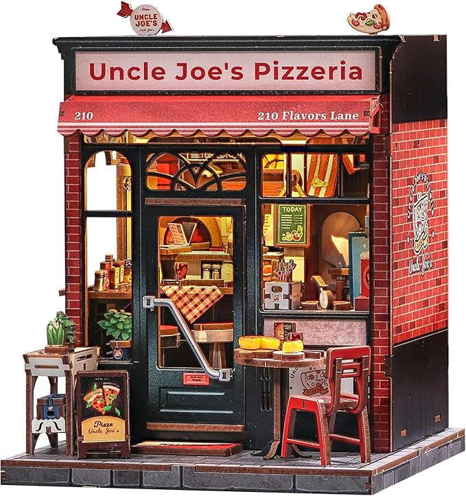 Cutefun Book Nook Kit - DIY Miniature Dollhouse Kit for Adults and Teens, Pizza Place Mini House Building Kit with LED Bookshelf Insert Decor Creative Gifts (Uncle Joe's Pizzeria)