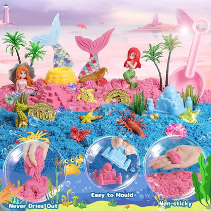 Mermaid Sensory Bin,Play Sand Art Kit for Girls and Boys with 2.2lbs Sensory Play Colored Sand,Treasure Accessories and Sandbox,Beach Toy Christmas Birthday Present for Kids Ages 3 4 5 6 7 8