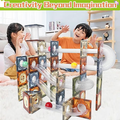 80 PCs Marble Run Maze Race Track Magnetic Tiles Magnet Building Block Educational Construction Toy Playset STEM Learning Kit Child Brain Development
