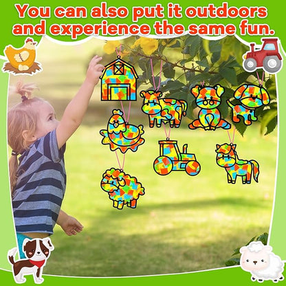 QOUBAI 32 Sets Farm Animals Suncatchers Craft Kit DIY Window Stained Glass Effect Cow Horse Chicken Paper Craft Home School Classroom Decoration Kid Birthday Gift Creative Art Project Activity Game