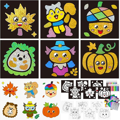 Cinrobiye 24 Set Fall Foil Art Craft Kits DIY Leaves Animals Painting Kits Art Paper Coloring Activity for Autumn Classroom Home Party Favors Thankgiving Birthday Goodie Bags Gifts Prizes (Fall)