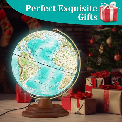 Illuminated Globe of the World with Wooden Stand, 8'' World Globe for Kids & Adults' Learning Built-in LED Night Light, Home Office Classroom Decor Geography Gifts(Elegant Turquoise)